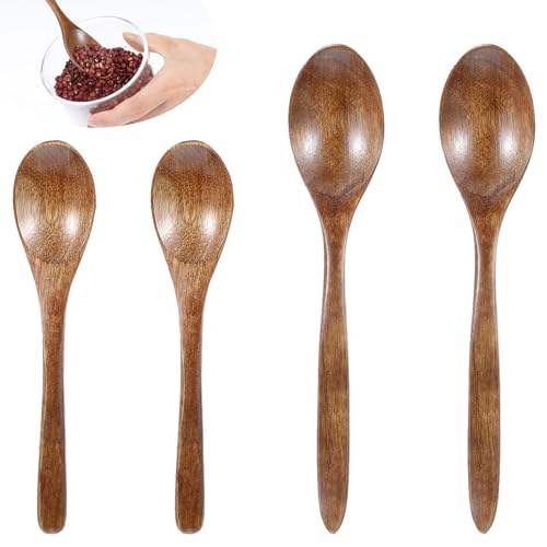 Holzlöffel Set Von 4, Holzlöffel Honig Holzlöffels Esslöffel Natürliche Holzlöffels Klein Honiglöffel Teelöffel Handgemachte Esslöffel Langen Griff Nanmu Holz Suppenlöffel für Tee Kaffee (15cm，18.7cm) von InnoHHustle