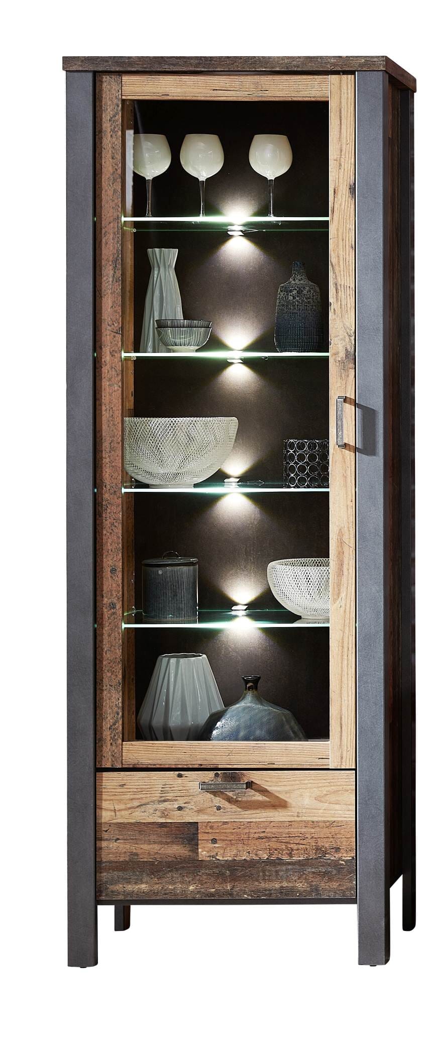 Vitrine CARDIFF 1-türig mit LED Beleuchtung - Vintage Style Mix dark Vitrine CARDIFF 1-türig mit LED Beleuchtung - Vintage Style Mix dark von InnoStyle