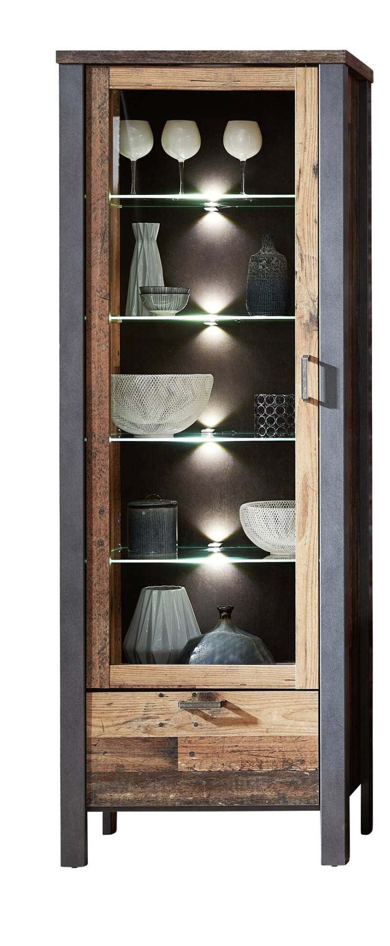 Vitrine CARDIFF 1-türig mit LED Beleuchtung - Vintage Style Mix dark von InnoStyle