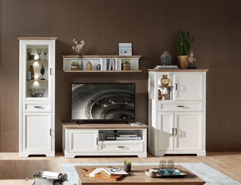 Wohnwand JASMIN UH80 Pinie weiß Nachbildung 4-teilig im Landhausstil von InnoStyle