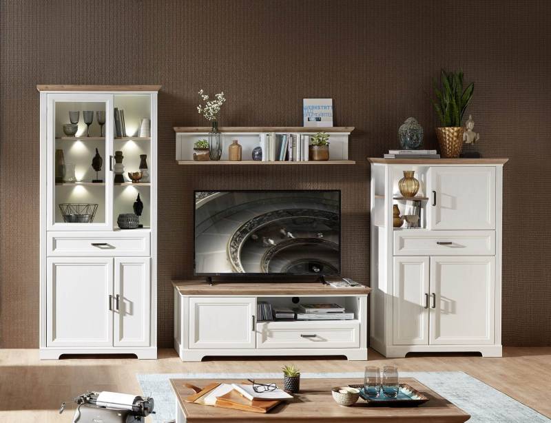 Wohnwand JASMIN UH82 Pinie weiß Nachbildung 4-teilig im Landhausstil von InnoStyle