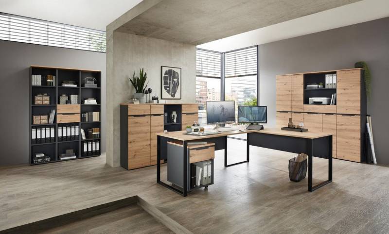 Innostyle Büromöbel-Set Komplettbüro MEMPHIS II 11-teilig Front Artisan Eiche Korpus Graphit, (Komplett-Set, 11-tlg., 5x Schrank, 4x Regal, 1x Schreibtisch, 1x Rollcontainer) von Innostyle