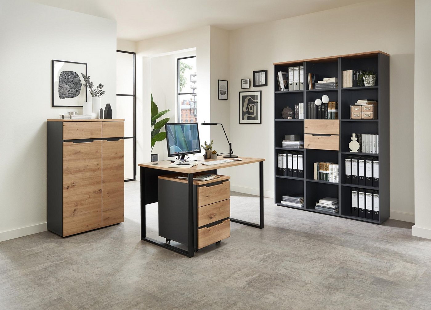 Innostyle Büromöbel-Set Komplettbüro MEMPHIS VIII 6-teilig Front Artisan Eiche Korpus Graphit, (Komplett-Set, 6-tlg., 3x Regal, 1x Schrank, 1x Schreibtisch, 1x Rollcontainer) von Innostyle