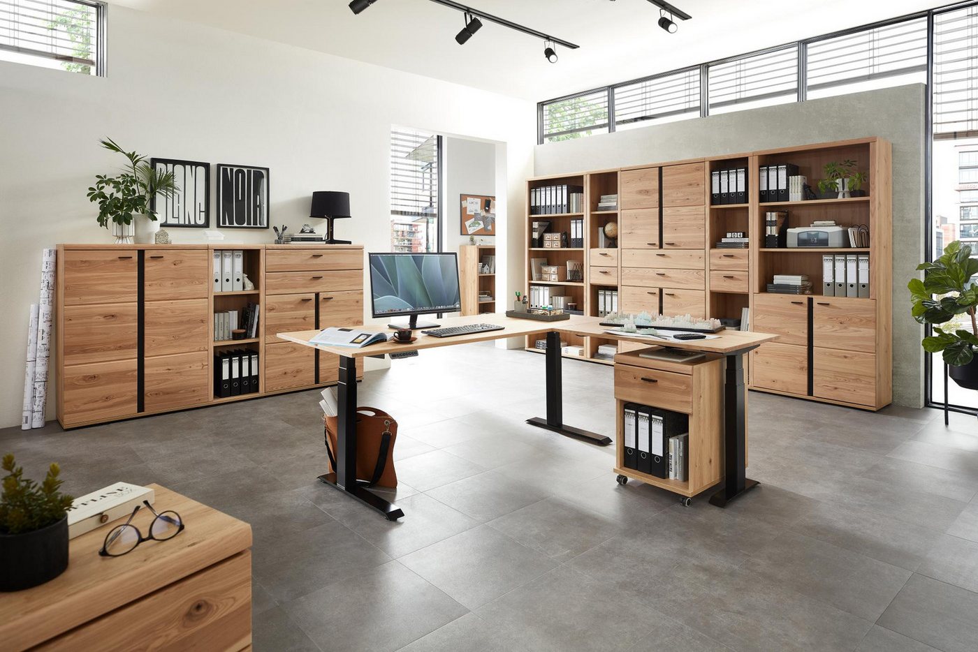 Innostyle Büromöbel-Set Komplettbüro SONOS II 10-teilig Front Altesche Massivholz gebürstet, (Komplett-Set, 10-tlg., 4x Schrank, 4x Regal, 1x Schreibtisch, 1x Rollcontainer) von Innostyle