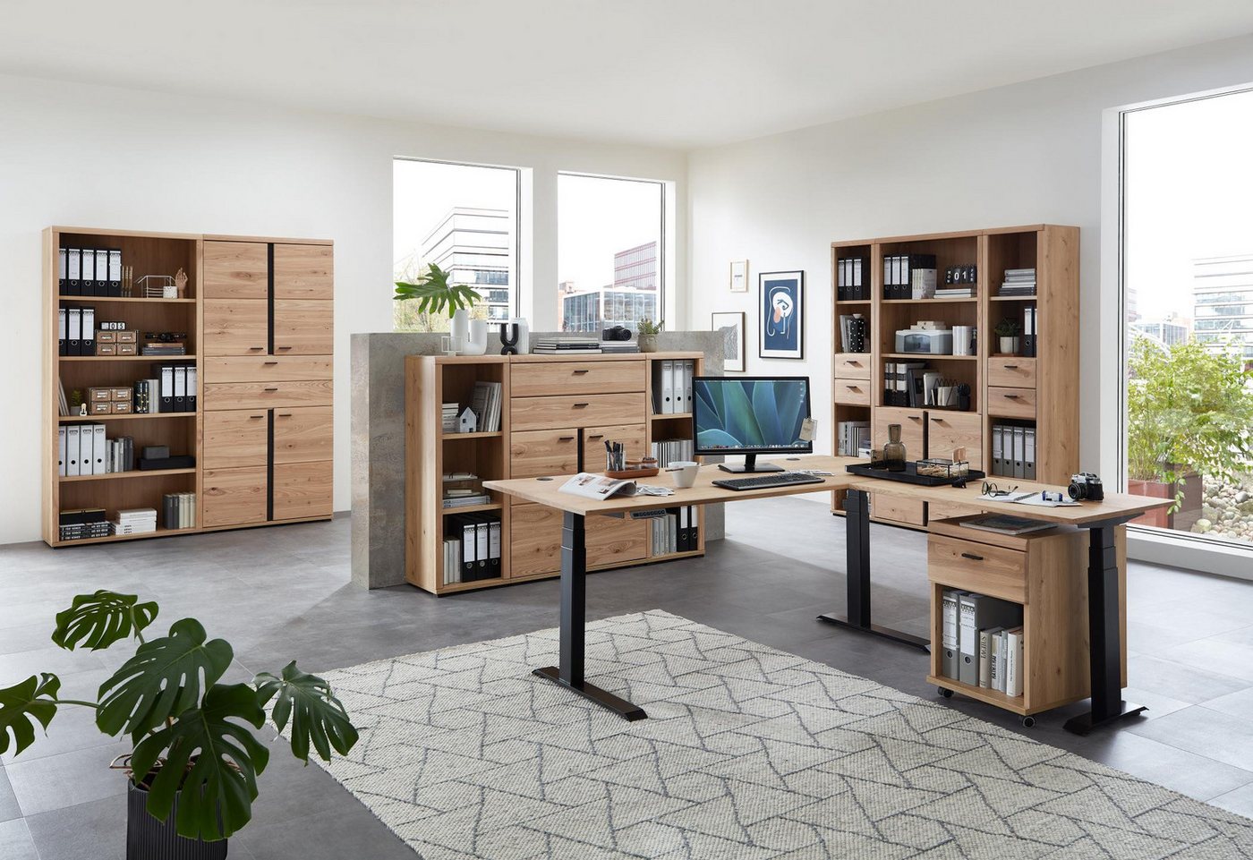 Innostyle Büromöbel-Set Komplettbüro SONOS IV 10-teilig Front Altesche Massivholz gebürstet, (Komplett-Set, 10-tlg., 3x Schrank, 5x Regal, 1x Schreibtisch, 1x Rollcontainer) von Innostyle