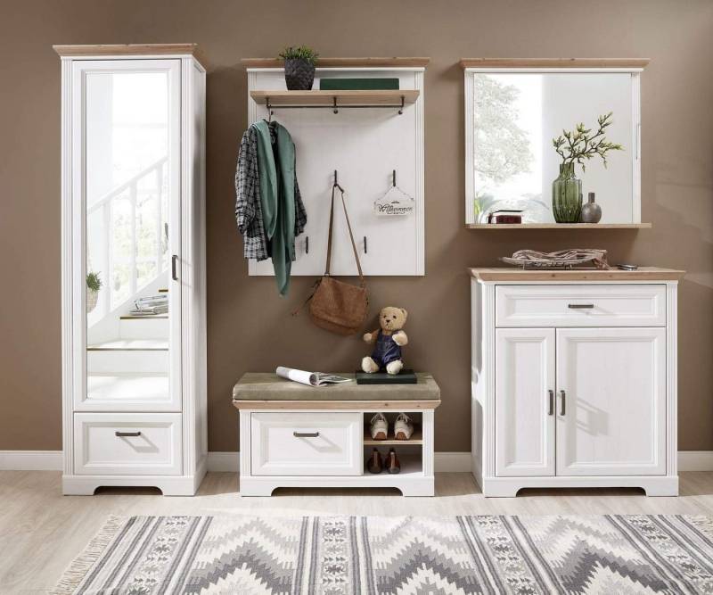 Innostyle Garderoben-Set JASMIN UH80 Pinie weiß Nachbildung, (Komplett-Set, 5-St., Schrank, Paneel, Sitzbank mit Kissen, Schuhschrank und Spiegel) von Innostyle