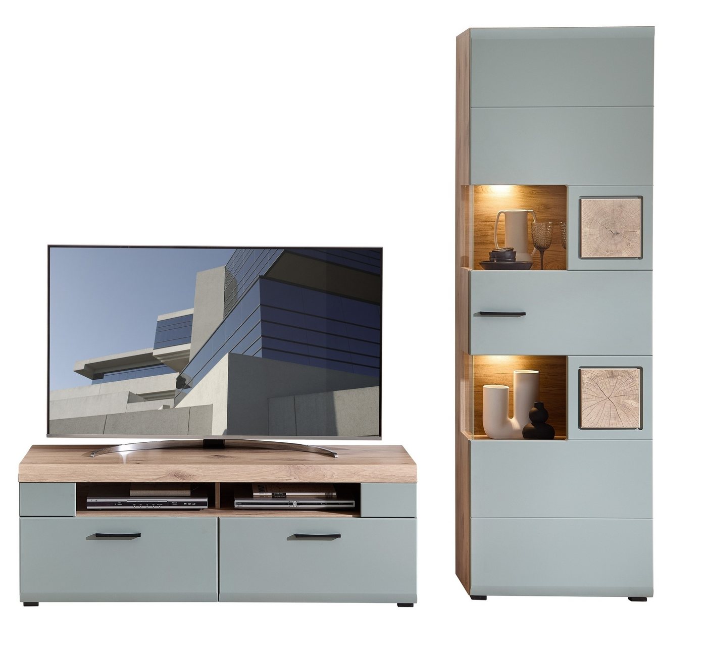 Innostyle Wohnwand (2-teilig) in schilfgrün / Eiche Dekor - ca. 215x205x47 cm (B/H/T), (2-teilig) von Innostyle