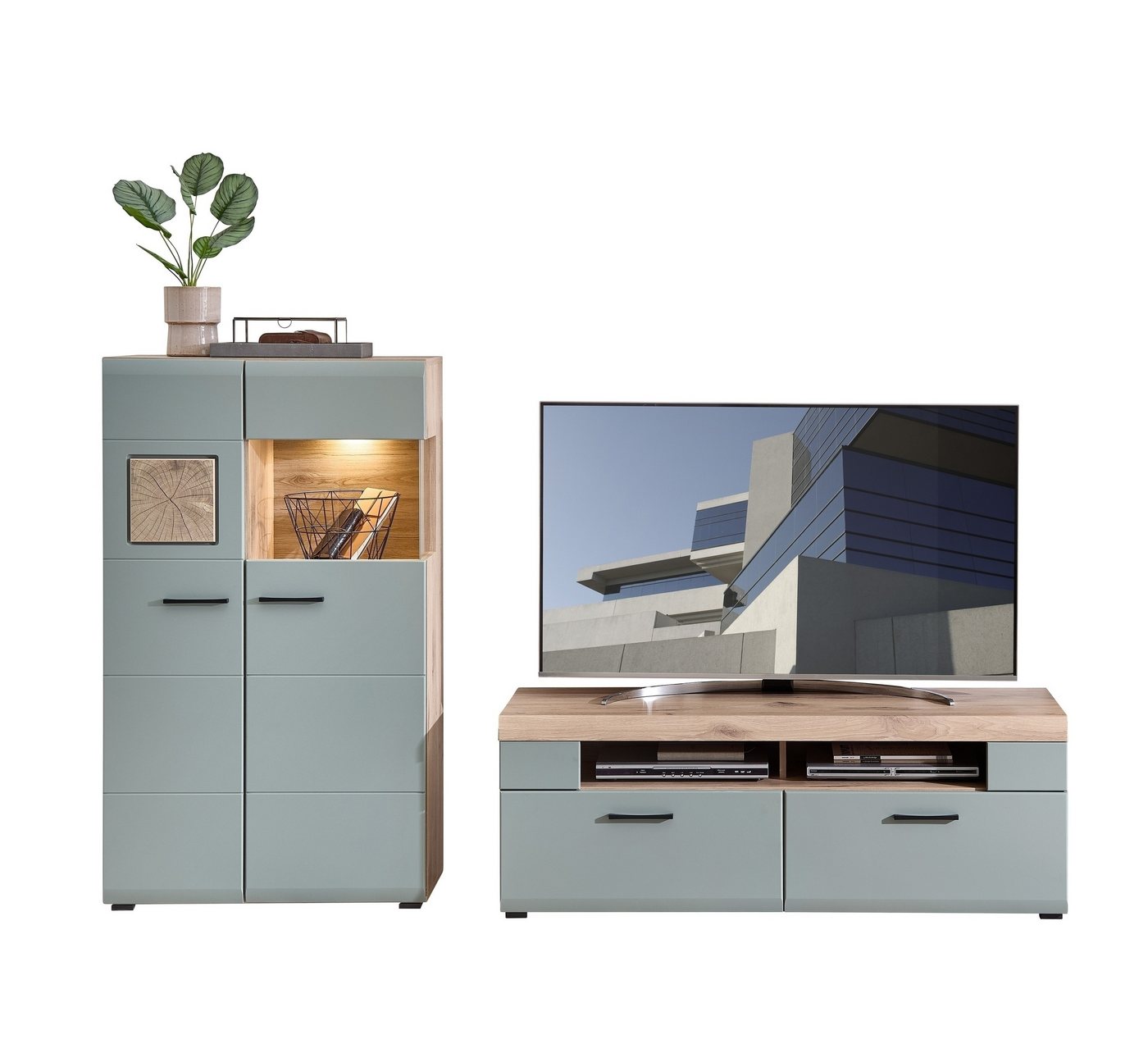 Innostyle Wohnwand (2-teilig) in schilfgrün / Eiche Dekor - ca. 250x139x47cm (BxHxT), (2-teilig) von Innostyle