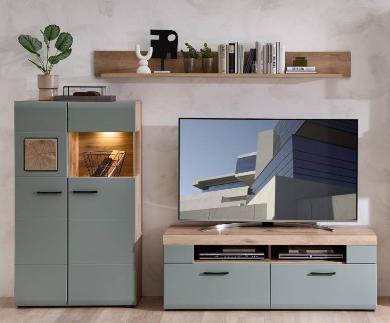 Innostyle Wohnwand (3-teilig) in schilfgrün / Eiche Dekor - ca. 250x180x47cm (BxHxT), (3-teilig) von Innostyle