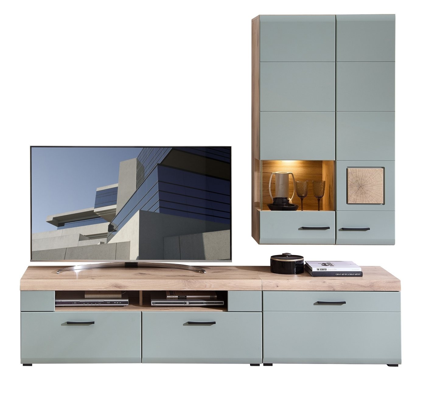 Innostyle Wohnwand (3-teilig) in schilfgrün / Eiche Dekor - ca. 280/205/47 cm (BxHxT), (3-teilig) von Innostyle