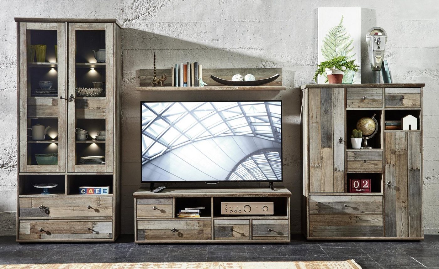 Innostyle Wohnwand Wohnkombination 4-tlg. Vintage BONANZA DD80 - Driftwood Nachbildung, (Komplett-Set, 4-St., 1x Vitrine, 1x TV-Lowboard, 1x Wandboard, 1x Highboard) von Innostyle