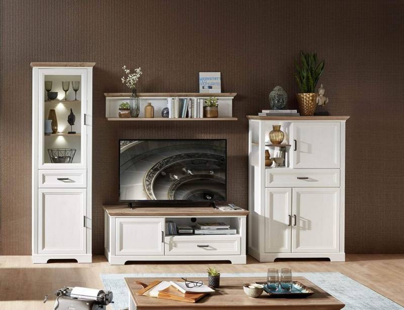 Innostyle Wohnwand Wohnkombination JASMIN UH80 Pinie weiß Nachbildung 4-teilig, (Komplett-Set, 4-St., Vitrine, TV-Lowboard, Wandboard, Stauraumelement) von Innostyle