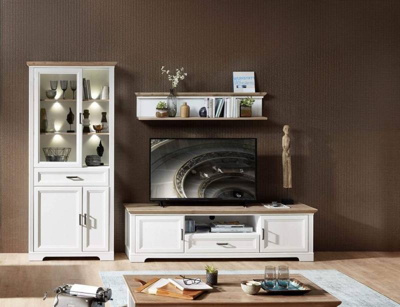 Innostyle Wohnwand Wohnkombination JASMIN UH83 Pinie weiß Nachbildung 3-teilig, (Komplett-Set, 3-St., Vitrine, TV-Lowboard, Wandboard) von Innostyle