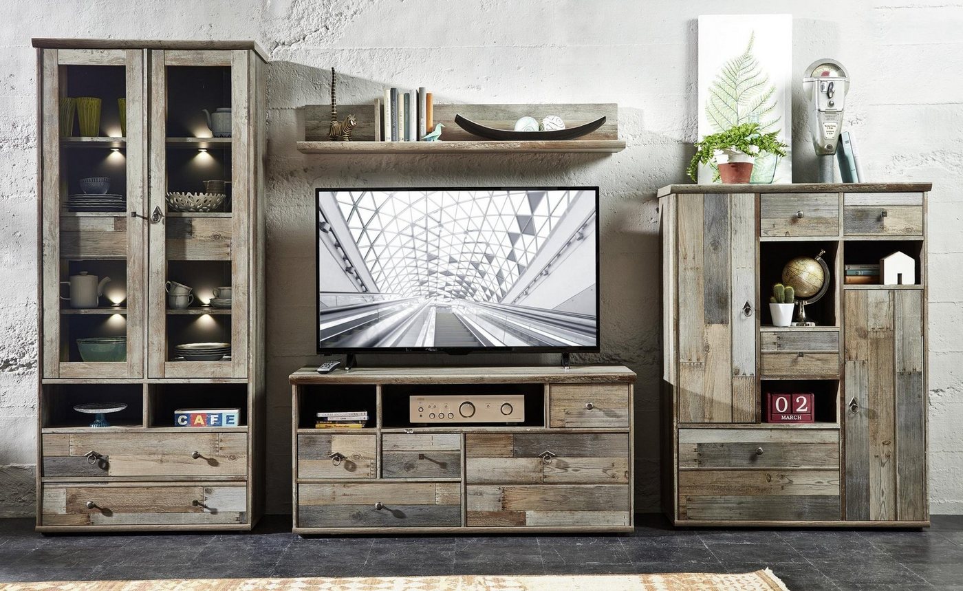 Innostyle Wohnwand Wohnwand BONANZA DD82 - Driftwood Nachbildung, (Komplett-Set, 4-St., 1x Vitrine, 1x TV-Lowboard, 1x Wandboard, 1x Highboard) von Innostyle