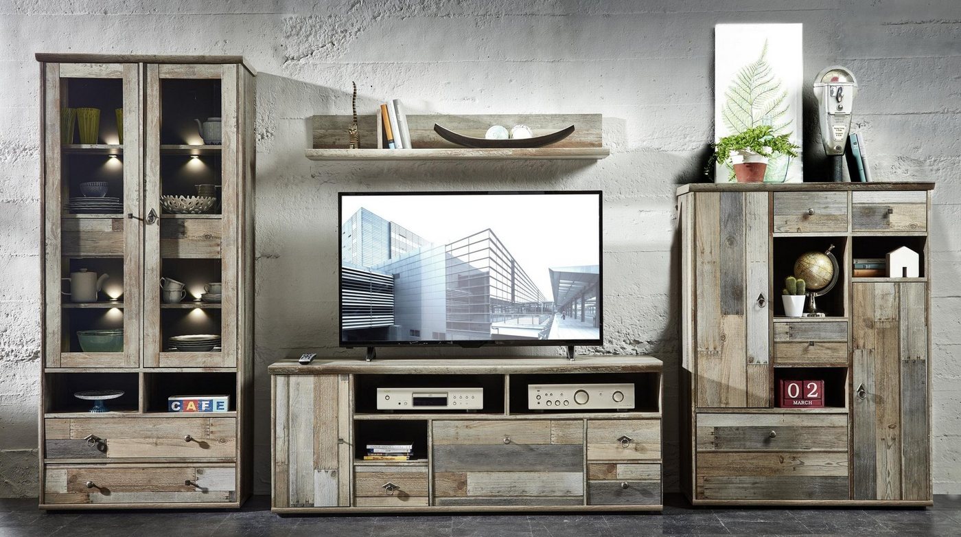 Innostyle Wohnwand Wohnwand BONANZA DD83 - Driftwood Nachbildung - 4 teilig, (Komplett-Set, 4-St., 1x Vitrine, 1x TV-Lowboard, 1x Wandboard, 1x Highboard) von Innostyle
