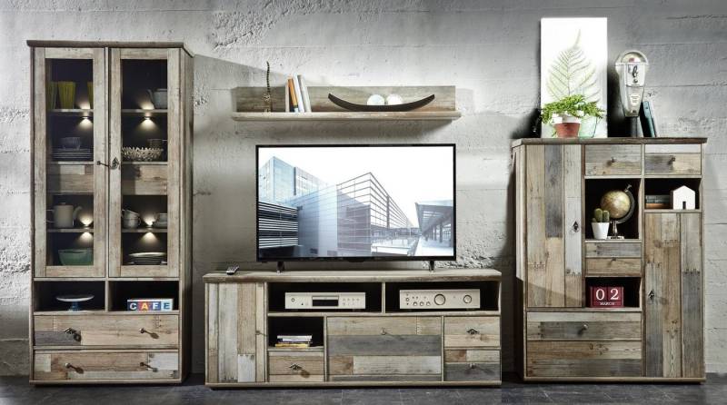 Innostyle Wohnwand Wohnwand BONANZA DD83 - Driftwood Nachbildung - 4 teilig, (Komplett-Set, 4-St., 1x Vitrine, 1x TV-Lowboard, 1x Wandboard, 1x Highboard) von Innostyle