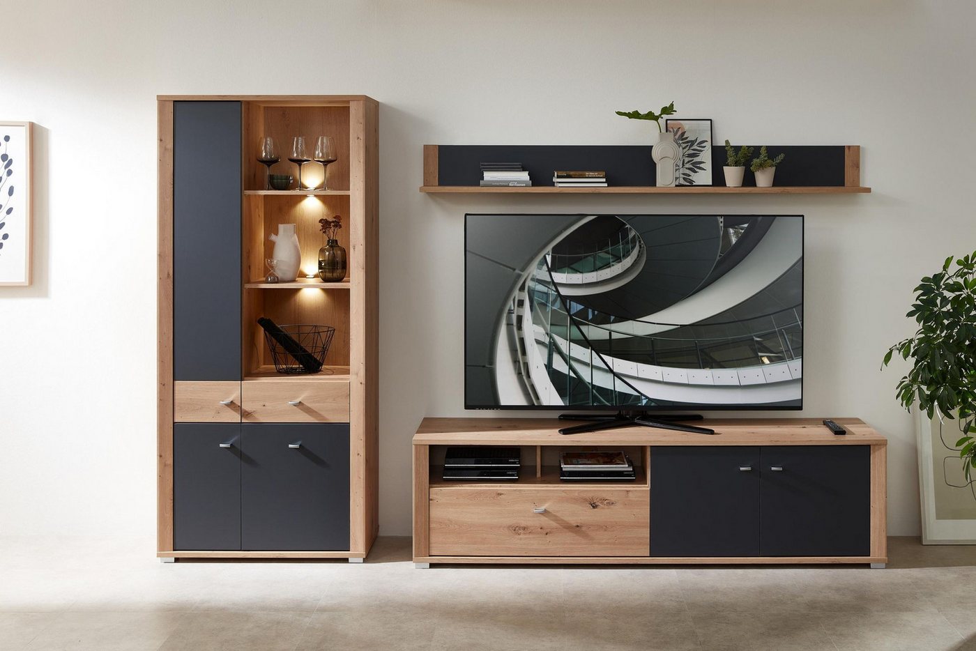 Innostyle Wohnwand Wohnwand Wohnzimmerschrank PABLO Artisan Eiche und Graphit 3-teilig, (Komplett-Set, 4-St., Stauraumelement, TV Lowboard, Wandboard) von Innostyle