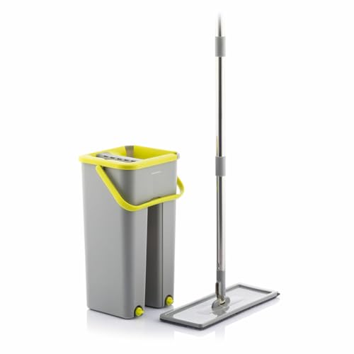 InnovaGoods® Klirimop Doppelfunktions-Mopp mit Eimer, Flachmopp aus Mikrofaser, Eimer mit Doppelfach, 6 Wiederverwendbare Mopp-Ersatzteile, Auswringvorrichtung mit Pedal, drehbarer Griff. von InnovaGoods