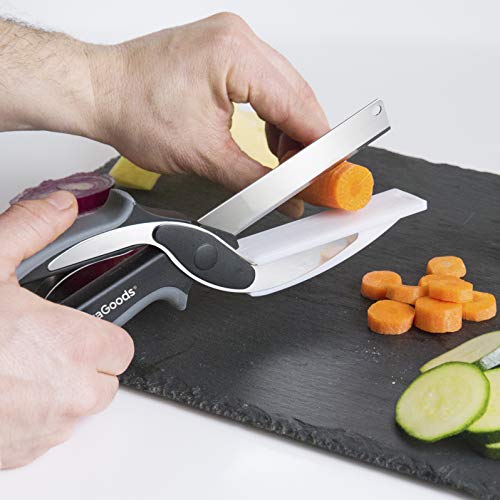 InnovaGoods - 2-in-1 Scherenmesser mit Mini-Schneidebrett, Ergonomischer Antirutsch-Griff, Sicherheitssperre, Vielseitig Einsetzbar, Edelstahl, Schwarz/Grau von InnovaGoods