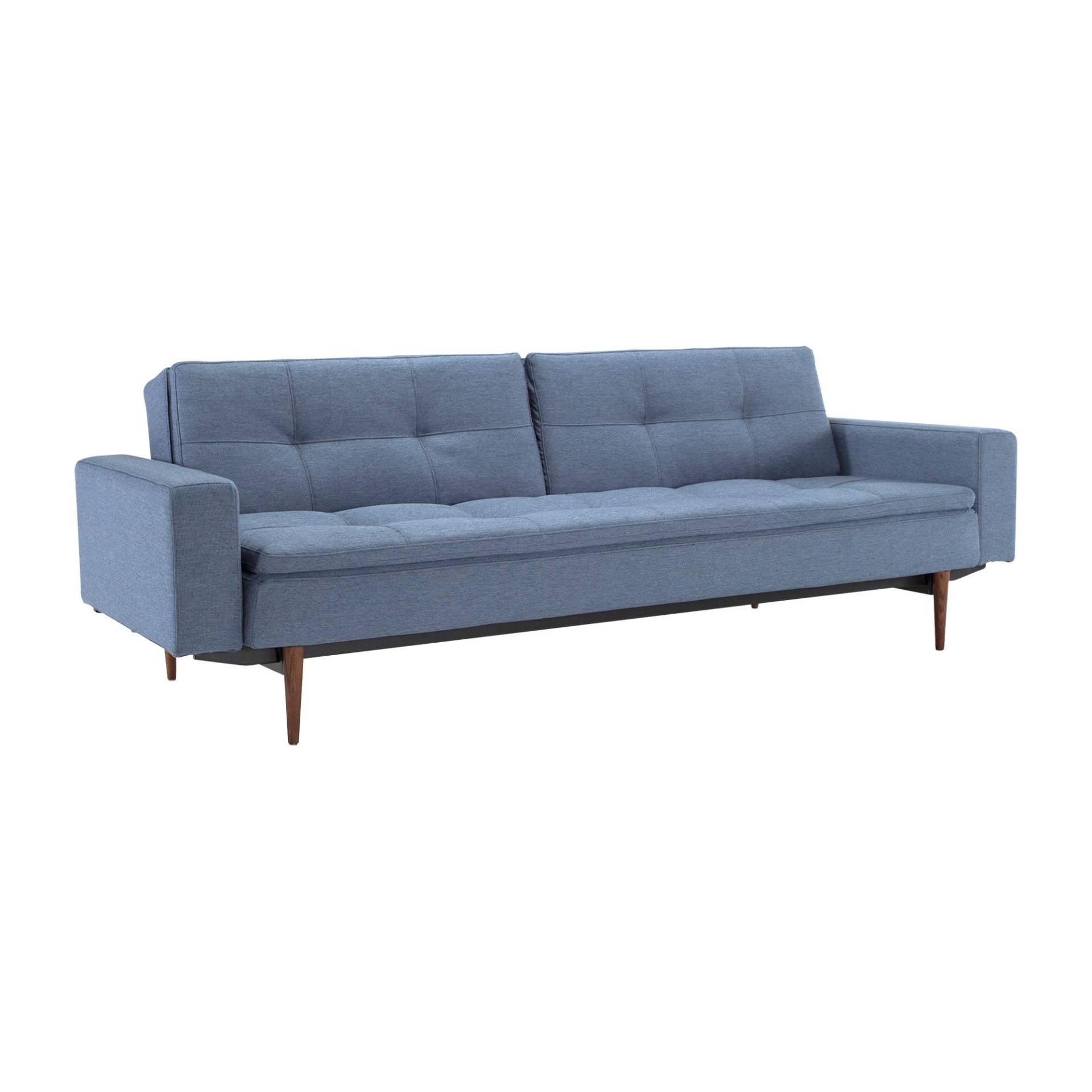 Innovation - Dublexo Styletto Schlafsofa mit Armlehnen - indigo/Stoff 558 Soft Indigo/Gestell Stahl schwarz/Füße dunkles Holz von Innovation