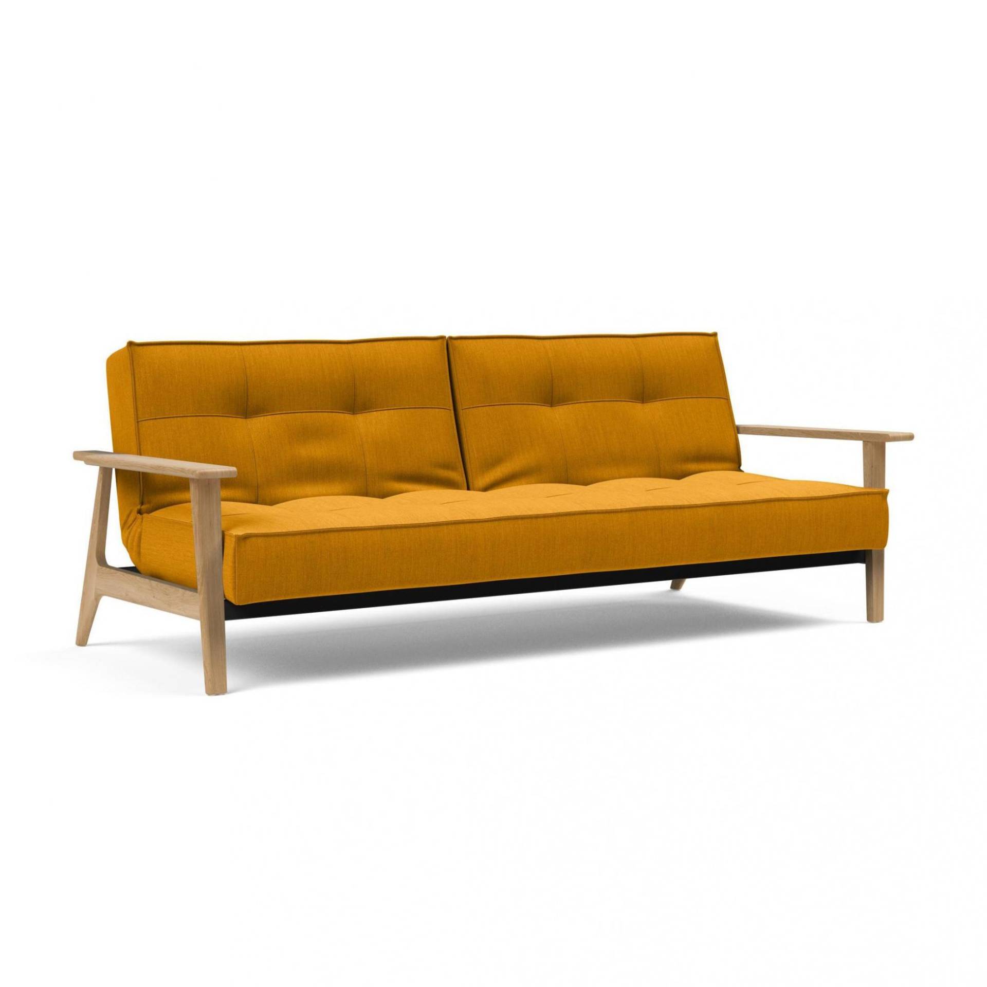 Innovation - Splitback Frej Schlafsofa Eiche 232x99cm - gelb/Stoff 507 Elegance Burned Curry/Gestell Stahl schwarz/Armlehnen/Beine lackierte Eiche von Innovation