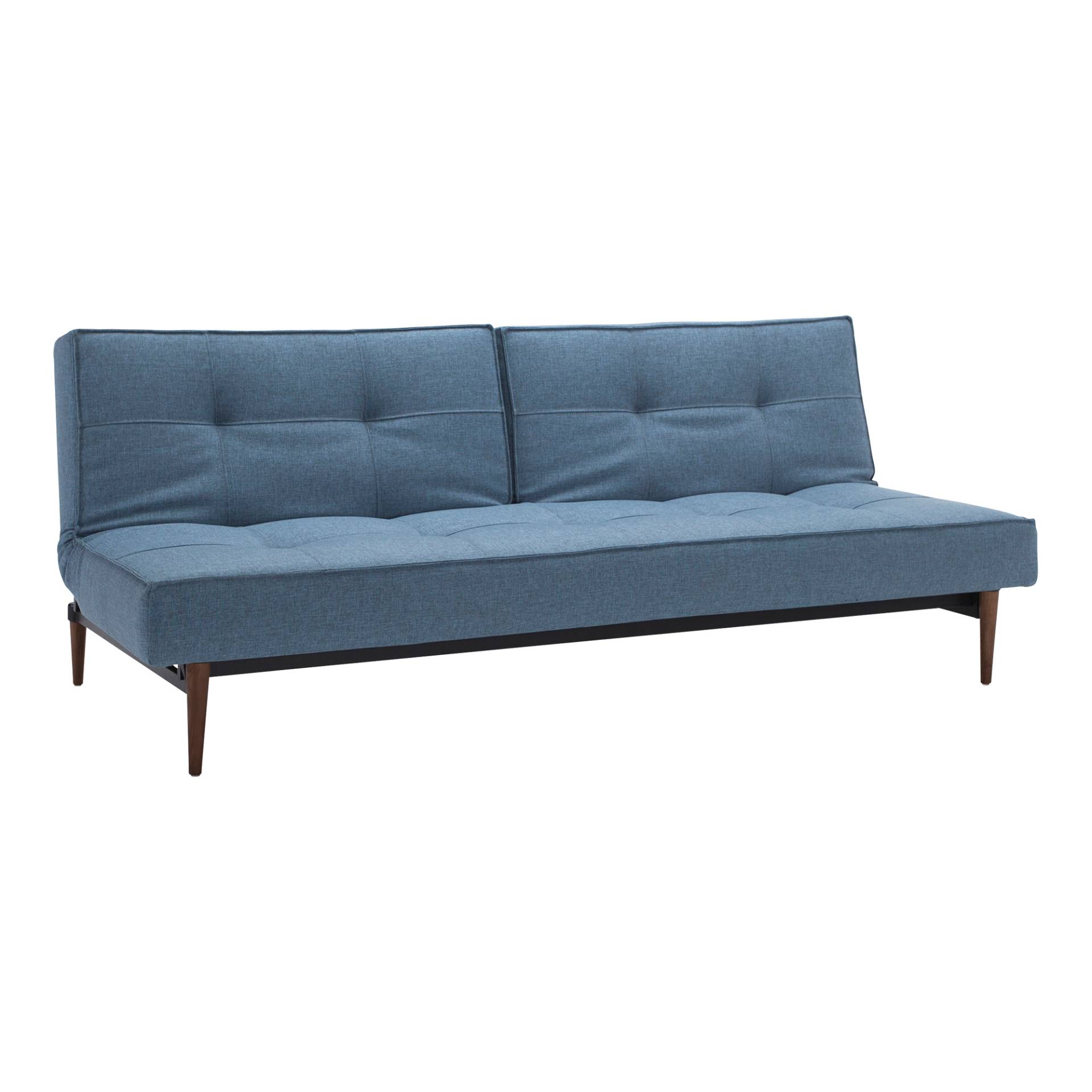 Innovation - Splitback Styletto Schlafsofa Holz dunkel 210x90cm - hellblau/Stoff 525 Mixed Dance Light Blue/Gestell Stahl schwarz/Füße dunkles Holz von Innovation