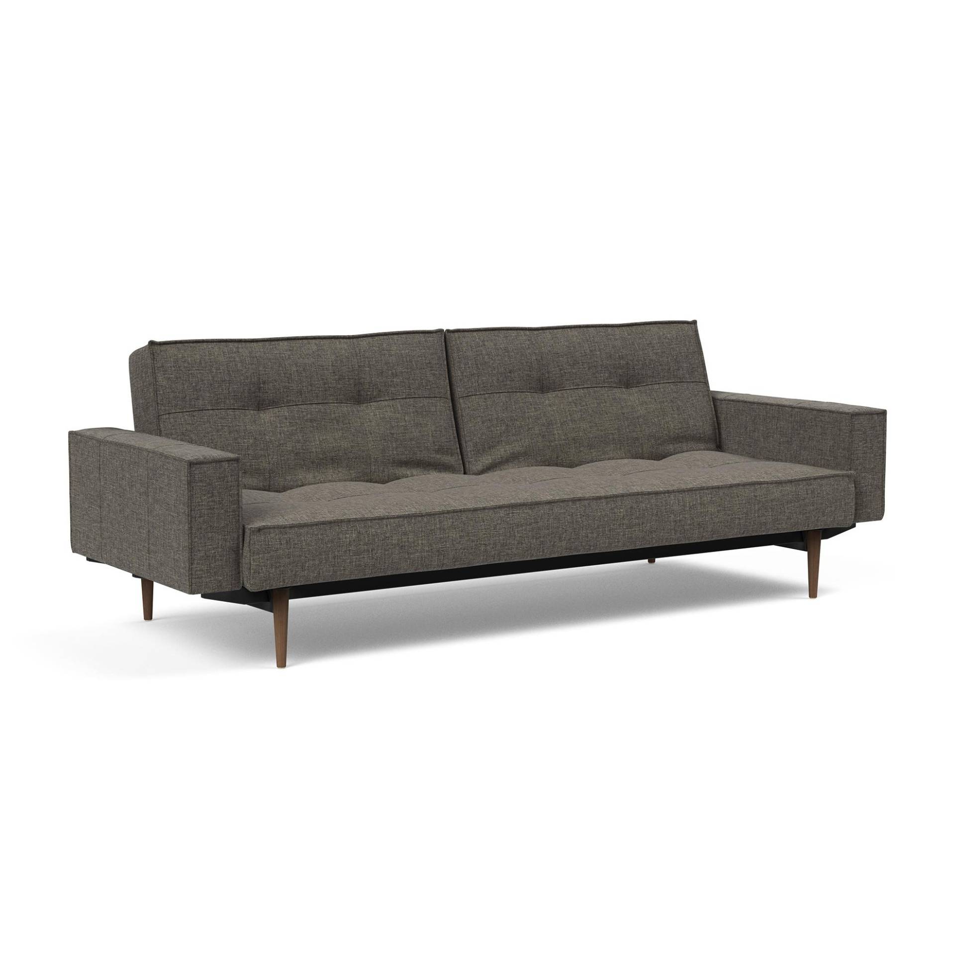 Innovation - Splitback Styletto Schlafsofa mit Armlehnen - dunkelgrau/Stoff 216 Flashtex Dark Grey/Gestell Stahl schwarz/Füße dunkles Holz von Innovation