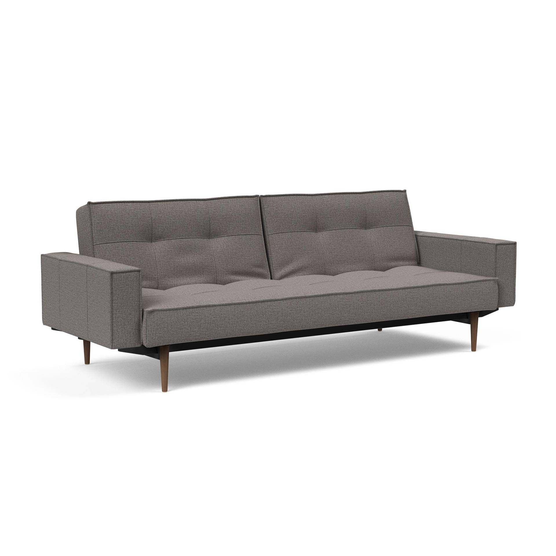 Innovation - Splitback Styletto Schlafsofa mit Armlehnen - grau/Stoff 521 Mixed Dance Grey/Gestell Stahl schwarz/Füße dunkles Holz von Innovation