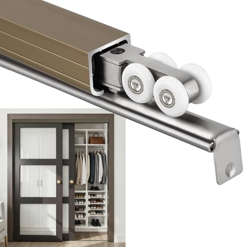 Schiebetür Schiene Beschlagsatz für Oben Montierte Bypass-Tür 71 76 122 152 183 cm Schiebetürschienensatz in Champagnerbronze Leise Gleitende Türschiene und Rollen(25in(64cm)) von Innovz