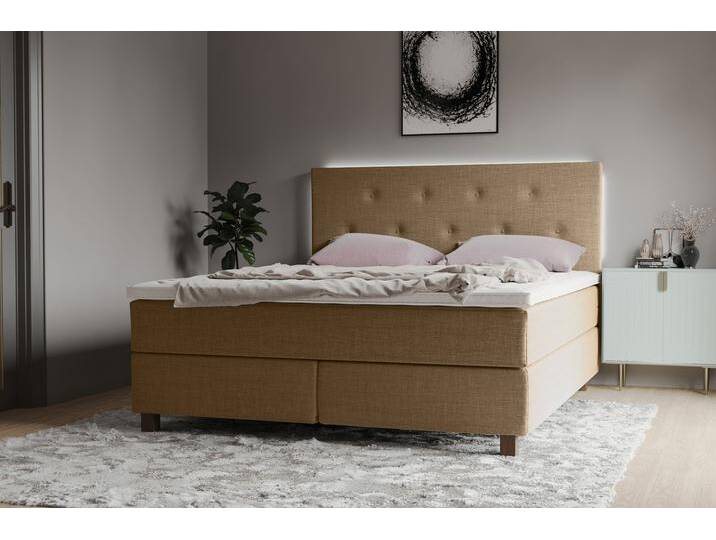 Boxspringbett INOSIGN Alenika , braun (sandbraun), B:141cm L:208cm, 100% Polyester, Komplettbetten, Boxspringbett, mit LED - Beleuchtung, mit Taschen-Federkernmatratze von Inosign