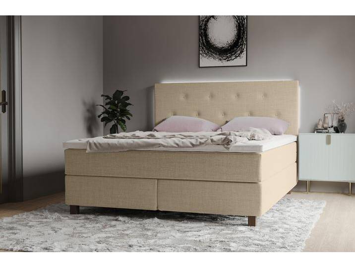 Boxspringbett INOSIGN Alenika , weiß (ivory), B:141cm L:208cm, 100% Polyester, Komplettbetten, Boxspringbett, mit LED - Beleuchtung, mit Taschen-Federkernmatratze von Inosign