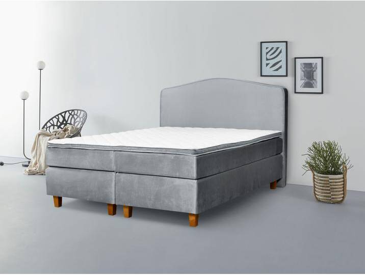 Boxspringbett INOSIGN Jalma , grau (light gray), B:161cm L:208cm, 100% Polyester, Komplettbetten, Boxspringbett, Füße aus massiver Birke ; Inkl. Topper von Inosign