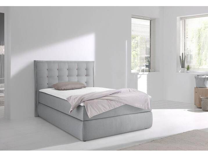 Boxspringbett INOSIGN Sagres , grau, B:155cm L:210cm, Feinstruktur(100% Polyester), Bezug der Spiegelfläche Matratzendrell aus 100% Polyester, Komplettbetten, Boxspringbett, Kopfteil mit 2farbiger Flatterbiese und zweifarbigen Knöpfen von Inosign