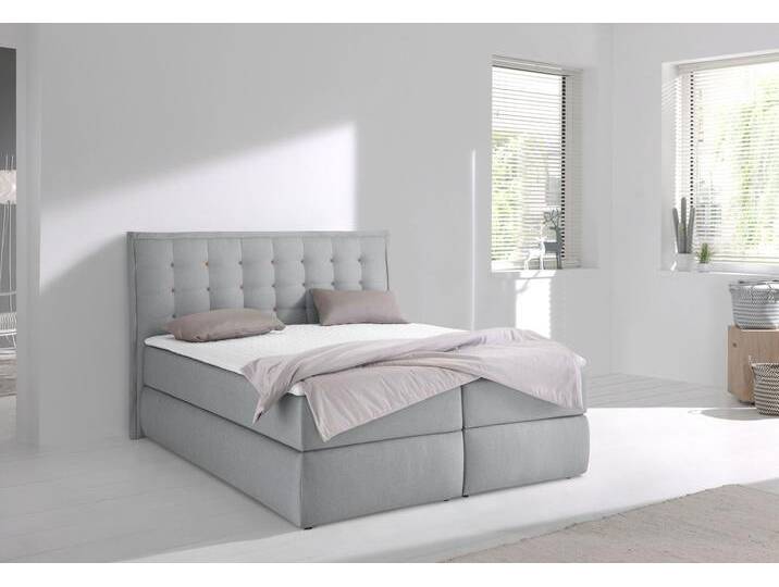 Boxspringbett INOSIGN Sagres , grau, B:175cm L:210cm, Feinstruktur(100% Polyester), Bezug der Spiegelfläche Matratzendrell aus 100% Polyester, Komplettbetten, Boxspringbett, Kopfteil mit 2farbiger Flatterbiese und zweifarbigen Knöpfen von Inosign