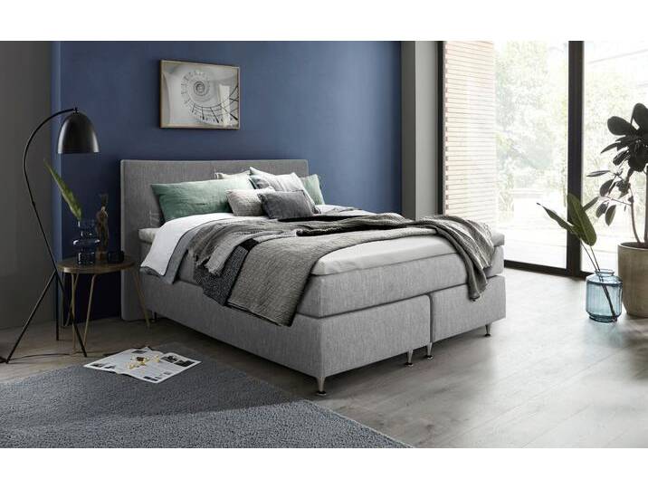 Boxspringbett INOSIGN Zahara , grau (hellgrau), B:140cm L:200cm, Komplettbetten, Boxspringbett, inkl. Topper, besonderes Highlight: aufgenähten Jeanstaschen - Optik von Inosign