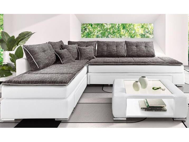 Ecksofa INOSIGN Boxspringbett Night & Day L-Form mit Dauer-Schlaffunktion o. Armlehnen , grau (weiß, grau), B:304cm H:98cm T:223cm, Luxus-Kunstleder / grobe Struktur (80% Polyester / 20% Polyacryl), Unterseite Topper: Bezug der Spiegelfläche aus Matratzendrell (100% Polyester), Struktur fein ( 100% Polyester ), Struktur grob (80% Polyester, 20% Polyacryl), Sofas, mit Boxspring-Bettfunktion 164x200 cm und Bettkasten, Dauerschläfer von Inosign
