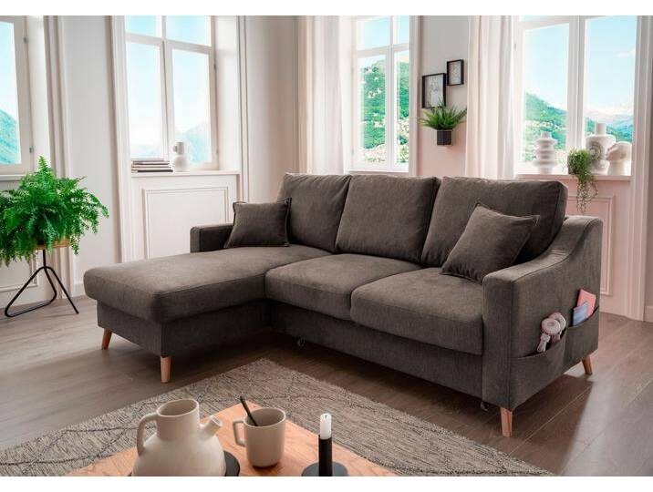 Ecksofa INOSIGN Valentina L-Form , braun, B:228cm H:94cm T:150cm, 100% Polyester, Sofas, 2 Zierkissen, mit Seitentasche, ausziehbarer Liegefläche, Bettkasten von Inosign