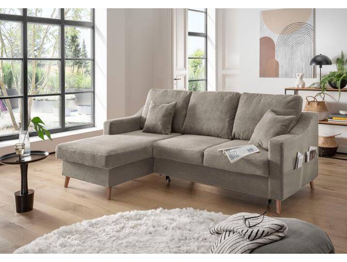 Ecksofa INOSIGN Valentina L-Form , grau (grau, braun), B:228cm H:94cm T:150cm, 100% Polyester, Sofas, 2 Zierkissen, mit Seitentasche, ausziehbarer Liegefläche, Bettkasten von Inosign