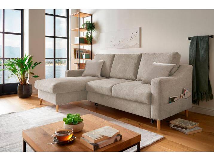 Ecksofa INOSIGN Valentina L-Form , grau (taupe), B:228cm H:94cm T:150cm, 92% Polyester, 8% Nylon, Sofas, 2 Zierkissen, mit Seitentasche, ausziehbarer Liegefläche, Bettkasten von Inosign