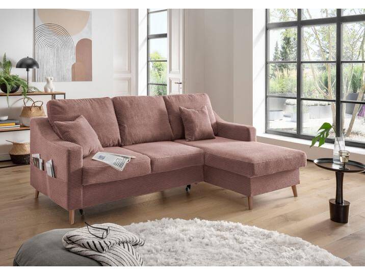 Ecksofa INOSIGN Valentina L-Form , rosa, B:228cm H:94cm T:150cm, 100% Polyester, Sofas, 2 Zierkissen, mit Seitentasche, ausziehbarer Liegefläche, Bettkasten von Inosign
