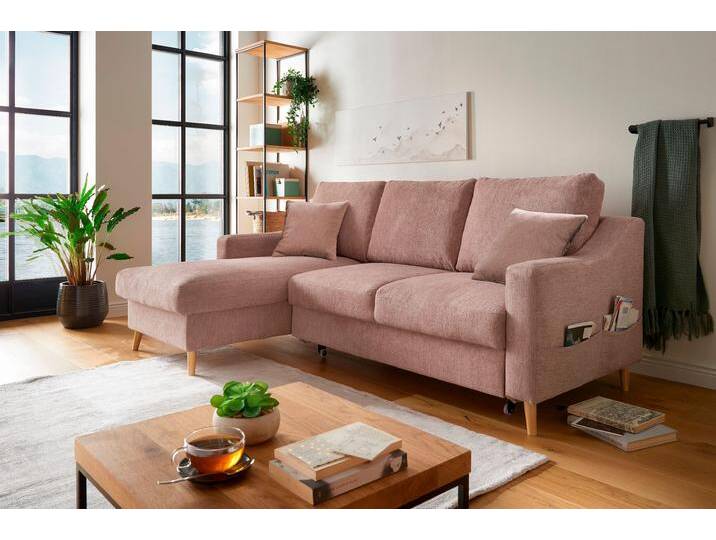 Ecksofa INOSIGN Valentina L-Form , rosa (flamingo), B:228cm H:94cm T:150cm, 95% Polyester, 5% Nylon, Sofas, 2 Zierkissen, mit Seitentasche, ausziehbarer Liegefläche, Bettkasten von Inosign