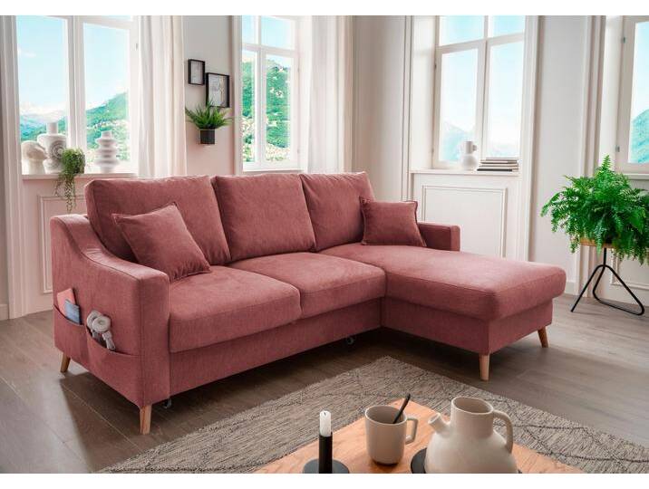 Ecksofa INOSIGN Valentina L-Form , rosa (pastellrosa), B:228cm H:94cm T:150cm, 100% Polyester, Sofas, 2 Zierkissen, mit Seitentasche, ausziehbarer Liegefläche, Bettkasten von Inosign