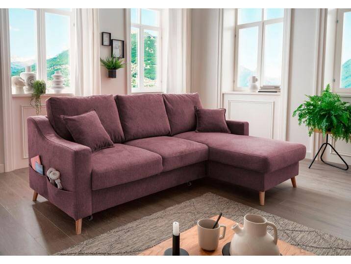 Ecksofa INOSIGN Valentina L-Form , rot (bordeaux), B:228cm H:94cm T:150cm, 100% Polyester, Sofas, 2 Zierkissen, mit Seitentasche, ausziehbarer Liegefläche, Bettkasten von Inosign