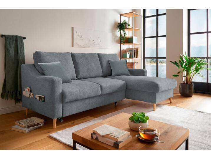 Ecksofa INOSIGN Valentina L-Form , schwarz (asche), B:228cm H:94cm T:150cm, 92% Polyester, 8% Nylon, Sofas, 2 Zierkissen, mit Seitentasche, ausziehbarer Liegefläche, Bettkasten von Inosign