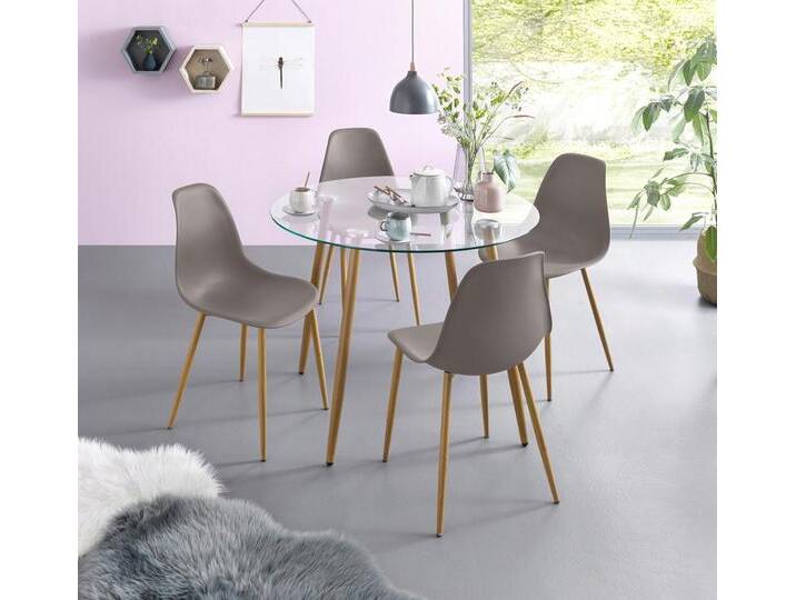 Essgruppe INOSIGN Miller , grau (hellgrau), Tisch rund, Sitzmöbel-Sets, Glastisch mit 4 Stühlen (Kunststoffschale) von Inosign