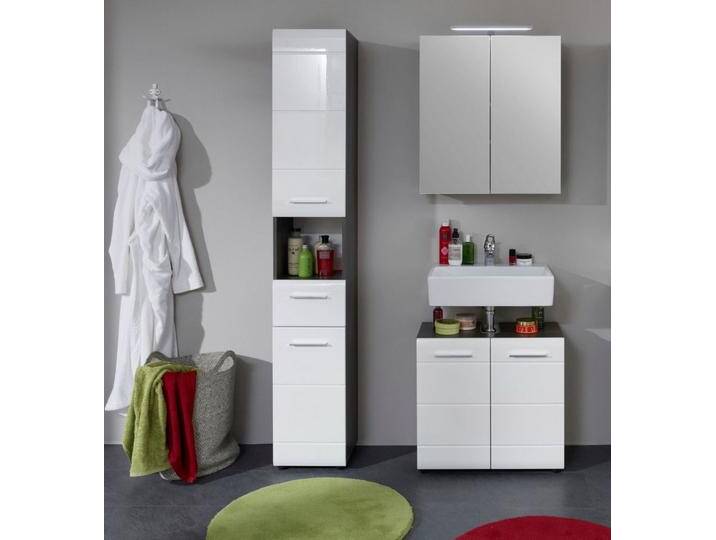 welltime Badmöbel-Set Sovana, (Set, 3-St), Hochschrank, Waschtisch und Spiegelschrank mit Beleuchtung, silberfarben weiß von OTTO