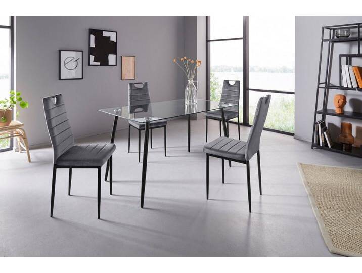 INOSIGN Essgruppe, (Set, 5-tlg), Glastisch, Breite 140 cm und 4 Esszimmerstühlen, Bezug aus Samtstoff, grau, grau von Inosign