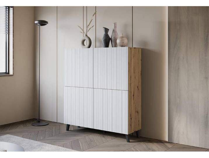 INOSIGN Highboard HIGHBOARD PHUKET (1 St), moderne Kommode mit 4 Türen und 8 Fächern, Breite 120 cm, braun, eichefarben Artisan/weiß matt MDF von Inosign