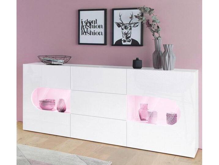 INOSIGN Sideboard Real,Vitrine,Kommode,Schrank, komplett hochglanz lackiert, mit 2 Glastüren und 3 Schubladen ohne Griff, Breite 180, weiß von Inosign