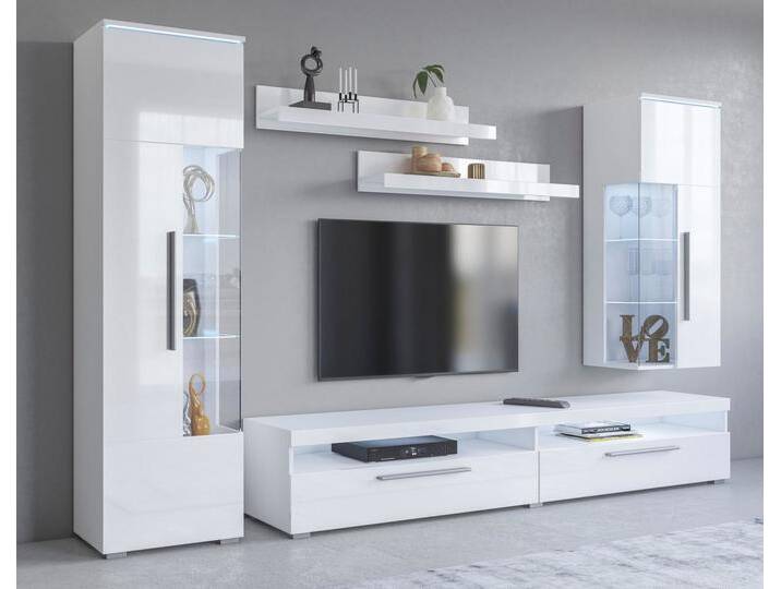 INOSIGN Wohnwand India,Breite 245cm moderne Mediawand ohne Beleuchtung, Anbauwand (Set,5-St, 1xVitrine,1xHängevitrine,1TV-Schrank,2xWandregal), weiß von Inosign